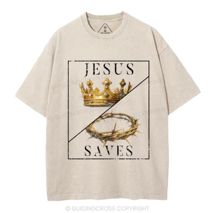 Jesus Saves Crown Christian Washed T-Shirt