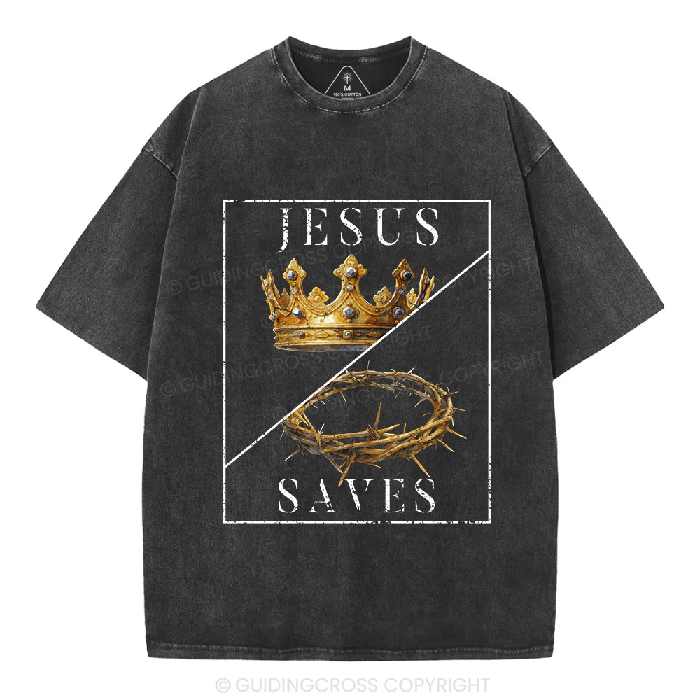 Jesus Saves Crown Christian Washed T-Shirt