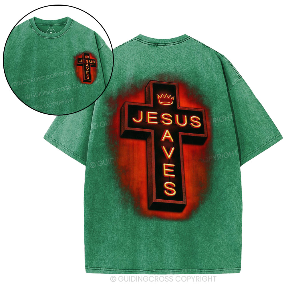 Jesus Saves Red Light Cross Christian Washed T-Shirt