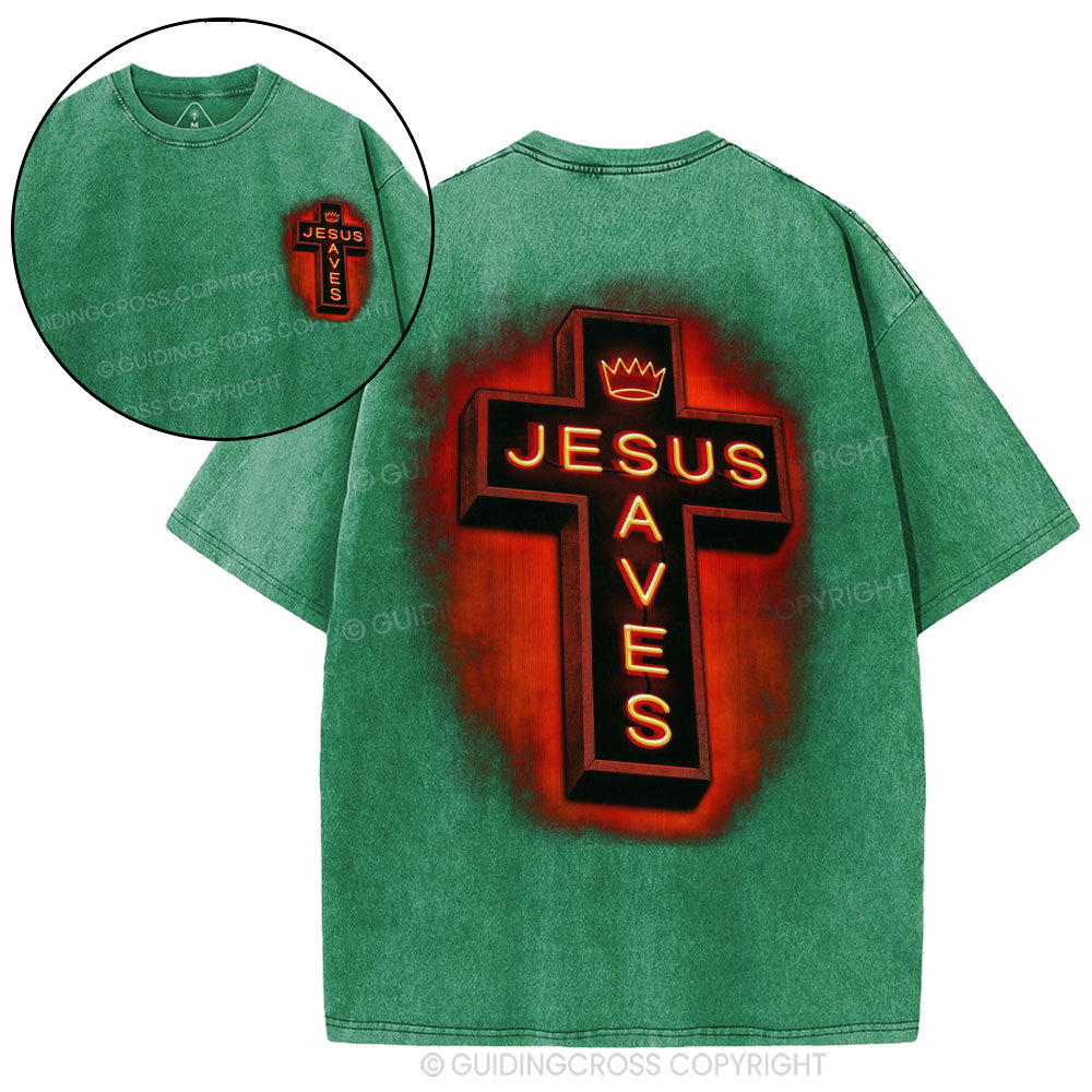 Jesus Saves Red Light Cross Christian Washed T-Shirt