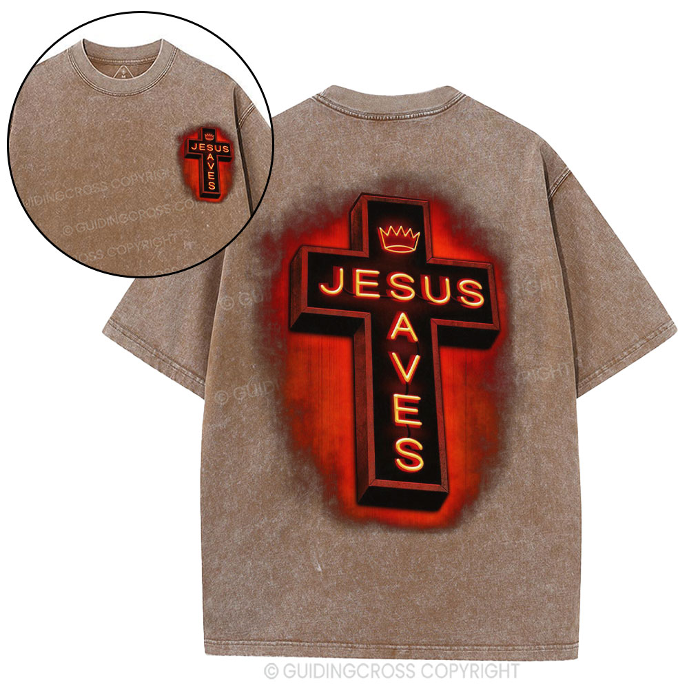 Jesus Saves Red Light Cross Christian Washed T-Shirt