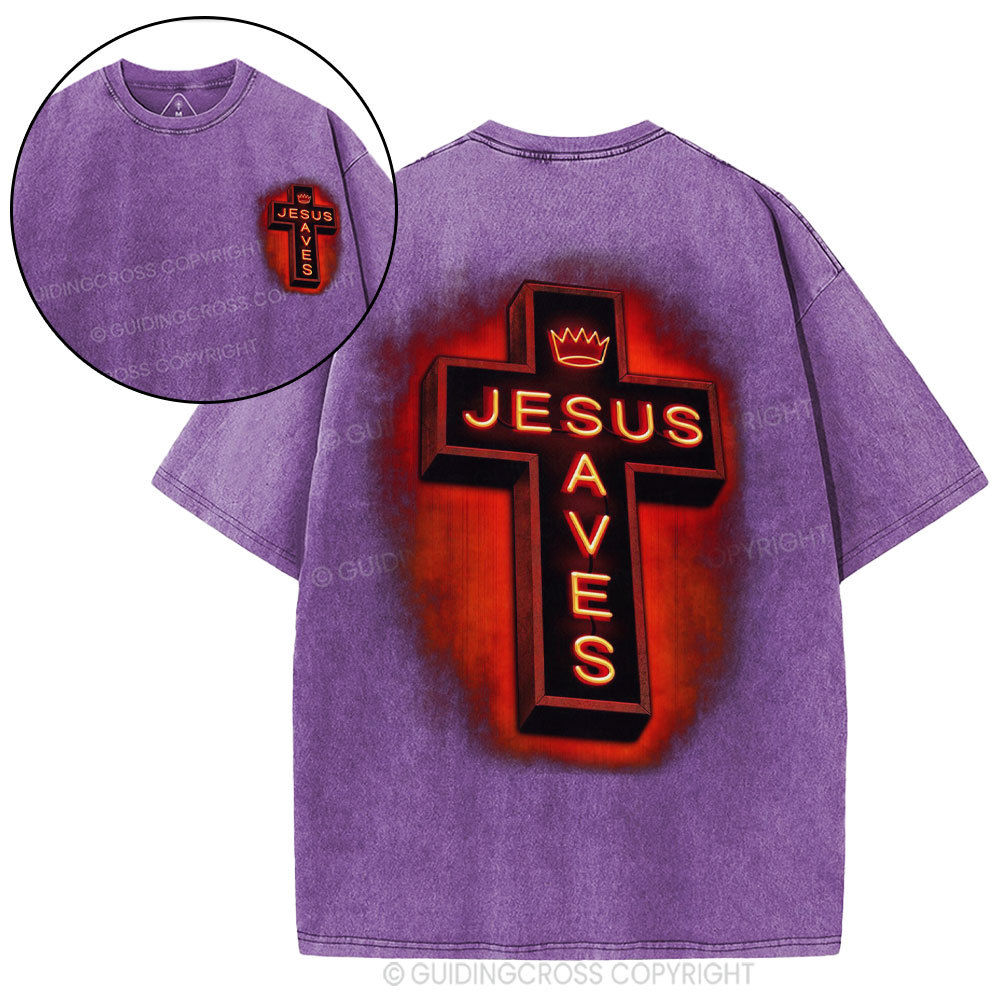 Jesus Saves Red Light Cross Christian Washed T-Shirt