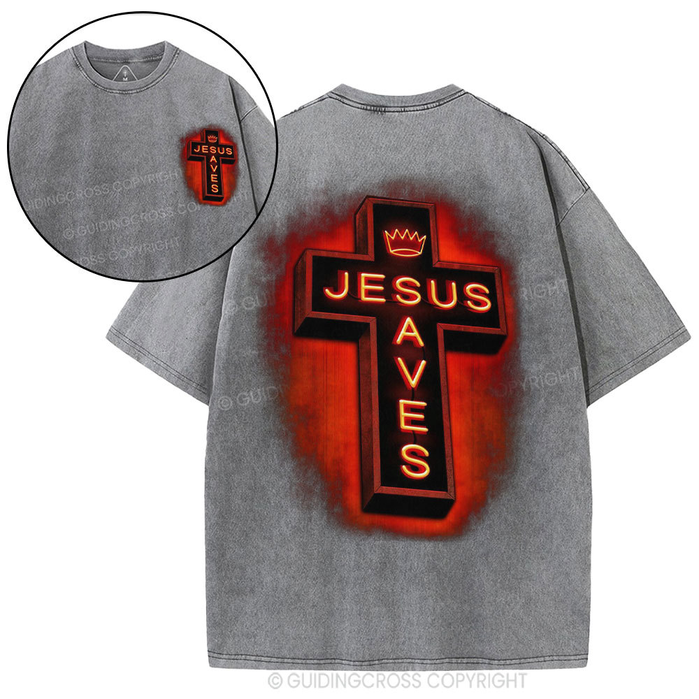 Jesus Saves Red Light Cross Christian Washed T-Shirt