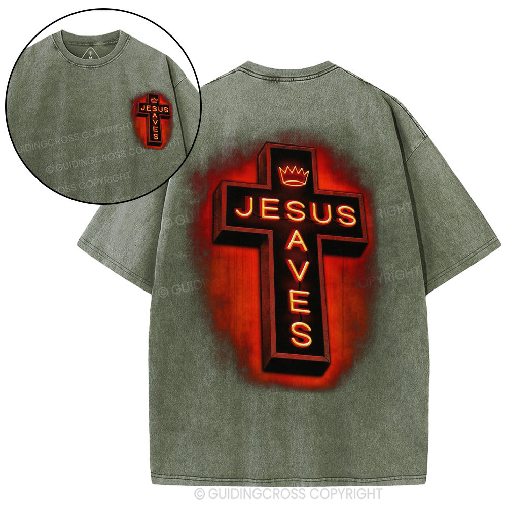 Jesus Saves Red Light Cross Christian Washed T-Shirt