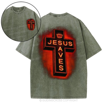 Jesus Saves Red Light Cross Christian Washed T-Shirt