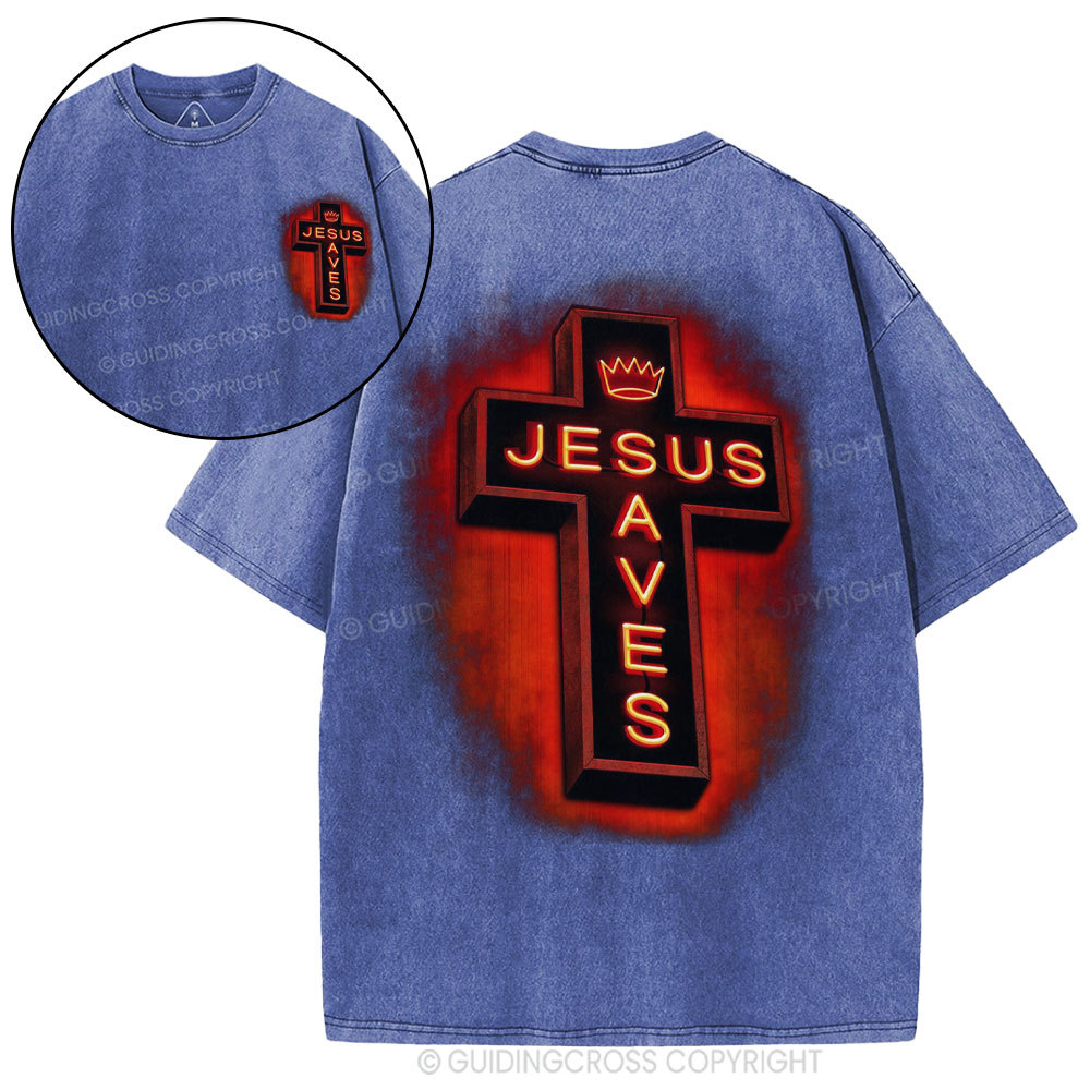 Jesus Saves Red Light Cross Christian Washed T-Shirt