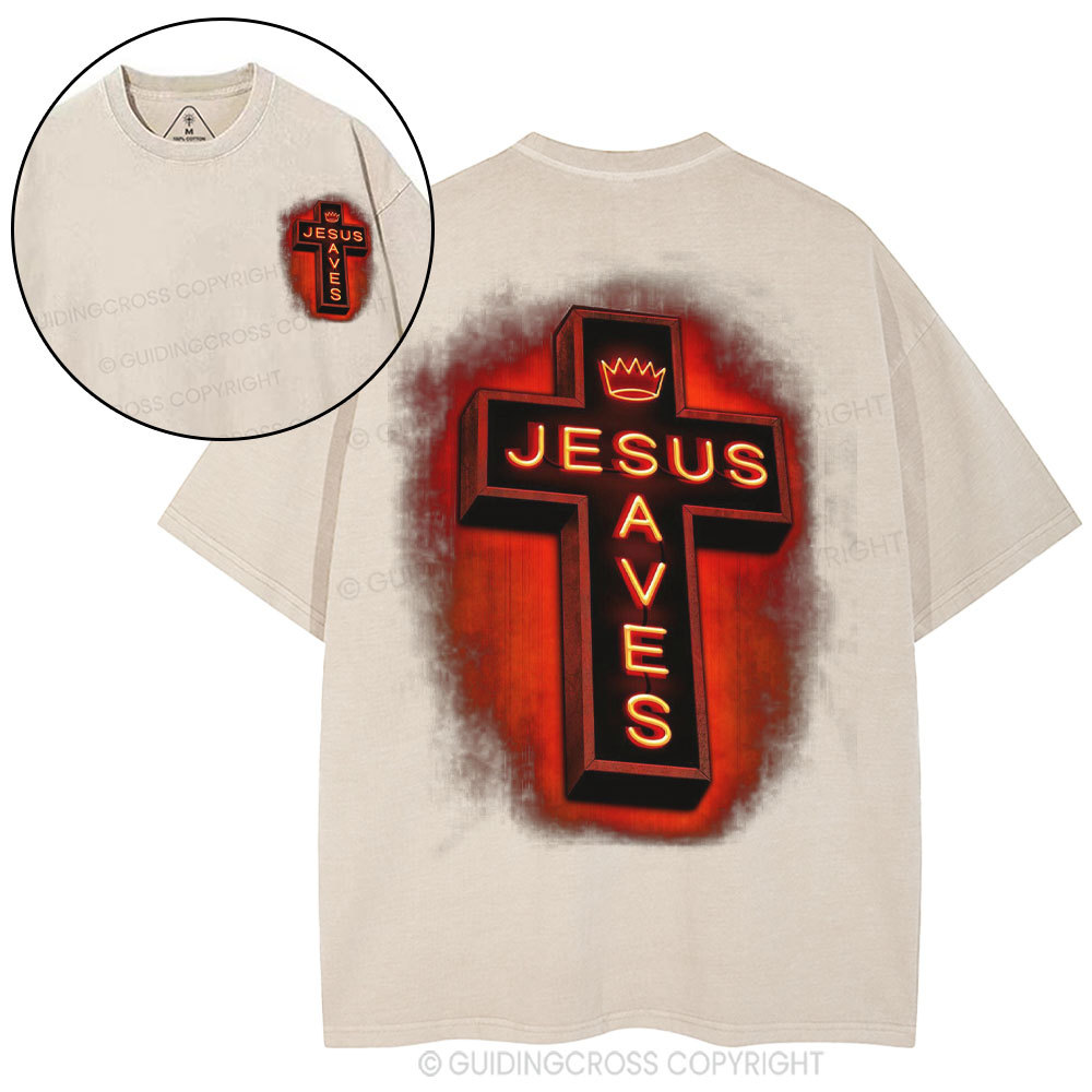 Jesus Saves Red Light Cross Christian Washed T-Shirt