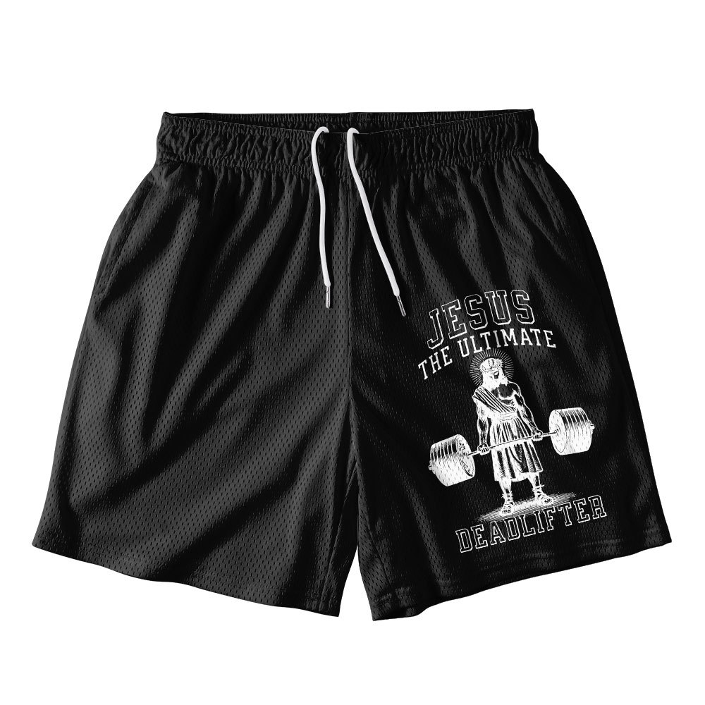 Jesus The Ultimate Deadlifter Black Christian Mesh Shorts
