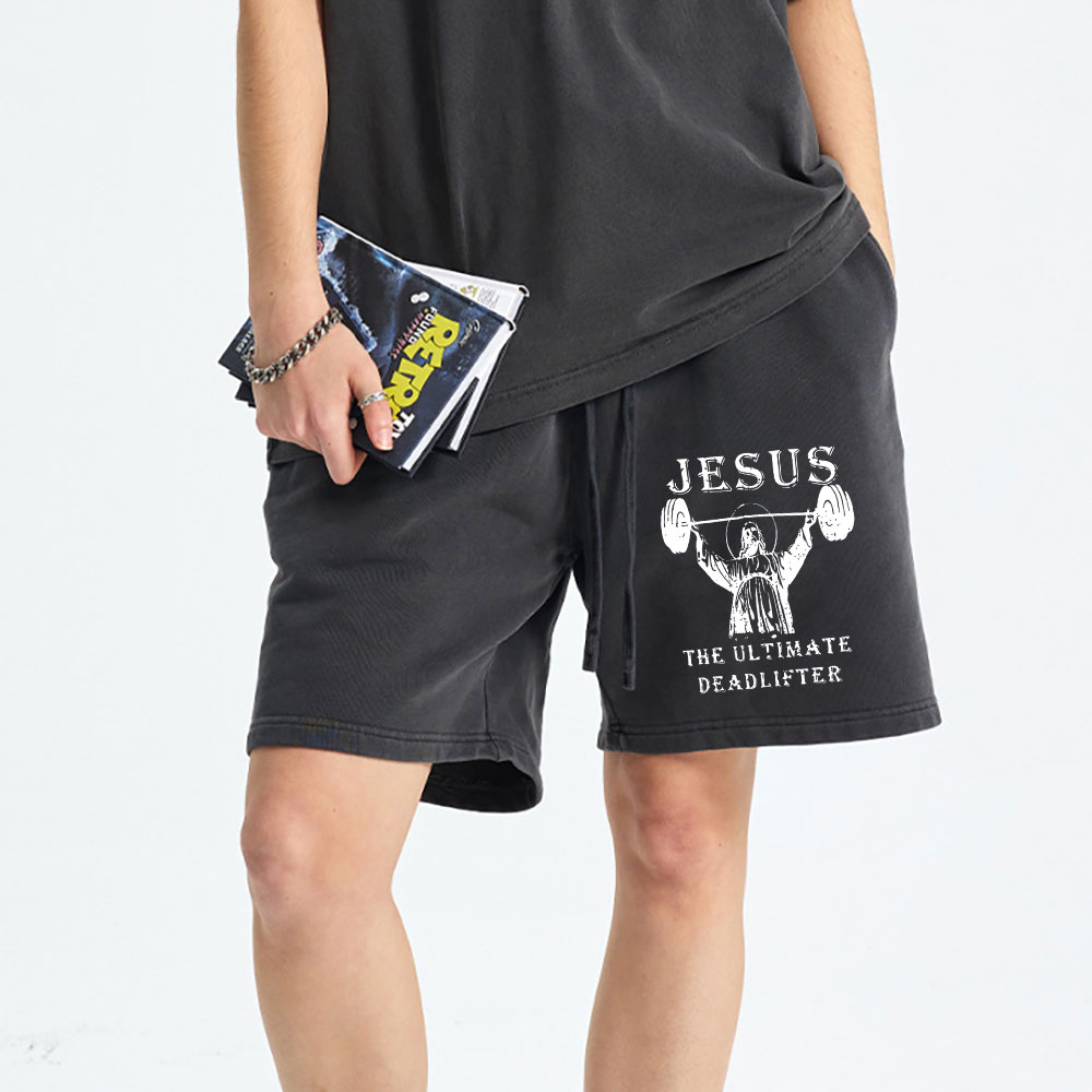 Jesus The Ultimate Deadlifter Christian Washed Shorts