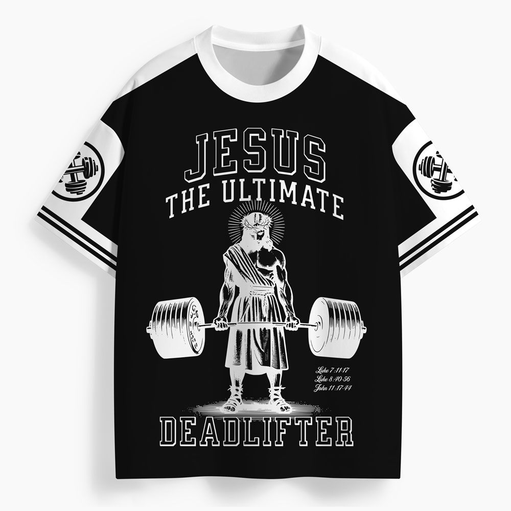 Jesus The Ultimate Deadlifter Oversized All-Over Print Christian T-Shirt