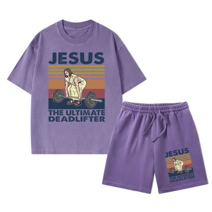 Jesus The Ultimate Deadlifter Vintage Christian Washed T-Shirt & Shorts