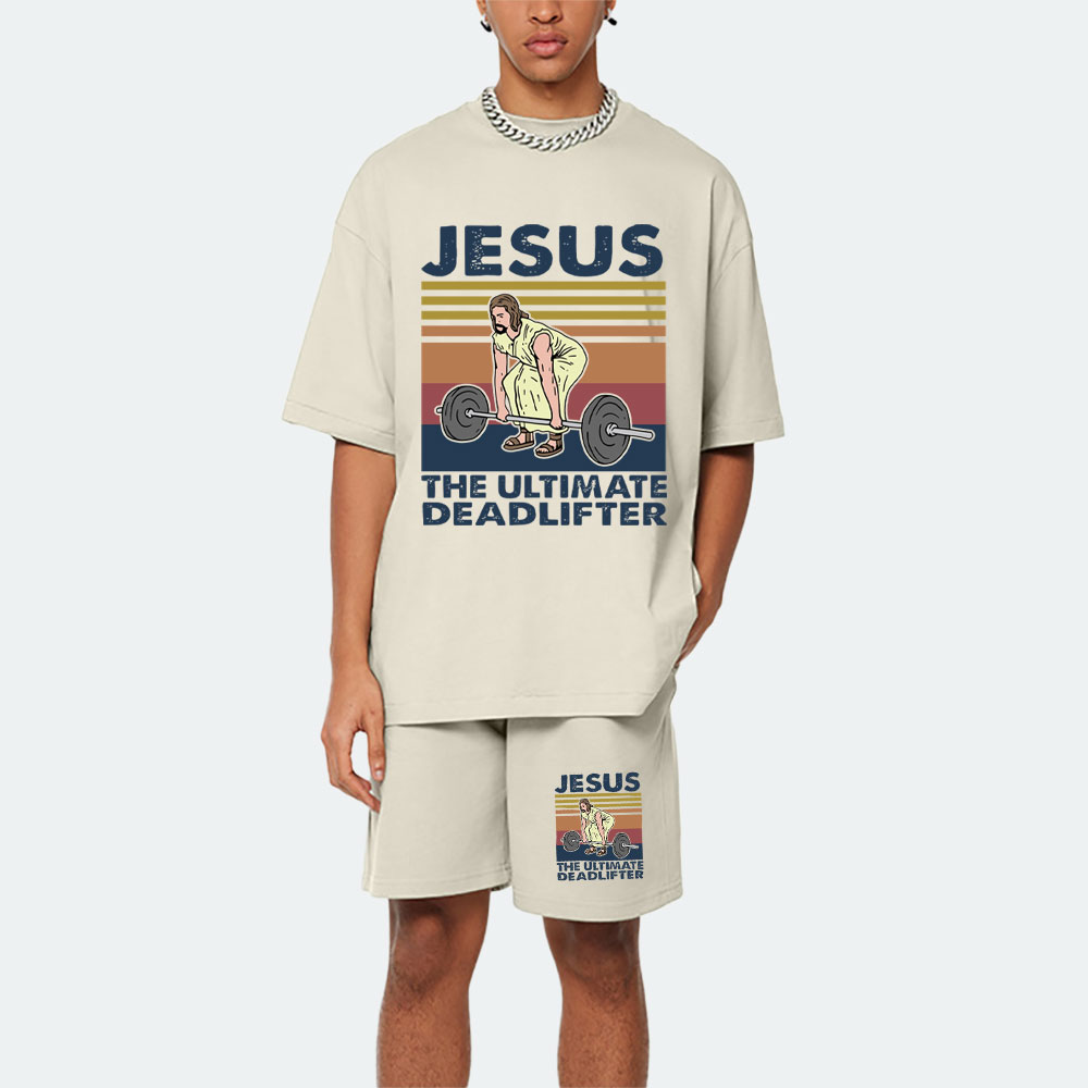 Jesus The Ultimate Deadlifter Vintage Christian Washed T-Shirt & Shorts