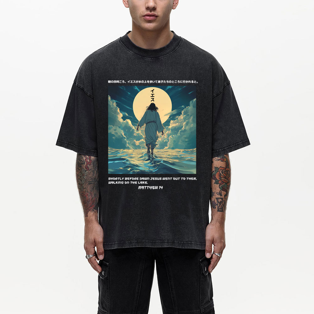 Jesus Walking on Water Chirstian Washed T-shirt