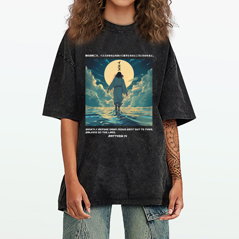 Jesus Walking on Water Chirstian Washed T-shirt