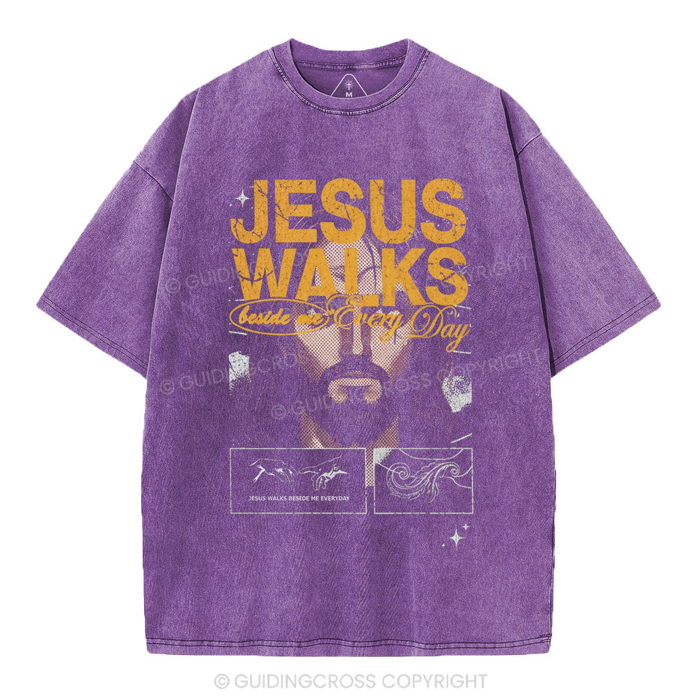 Jesus Walks Beside Are Every Day Christian Washed T-Shirt