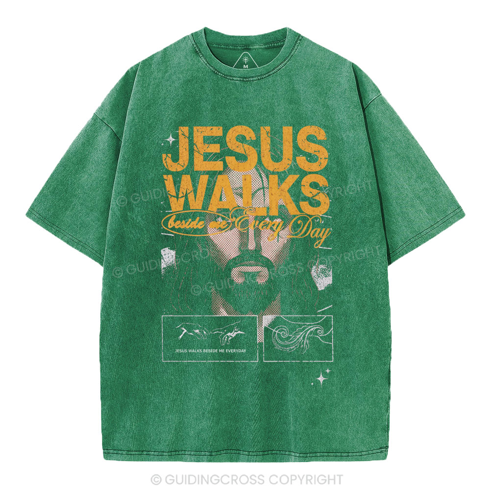 Jesus Walks Beside Are Every Day Christian Washed T-Shirt