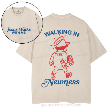 Jesus Walks With Me Chrisian Washed T-Shirt