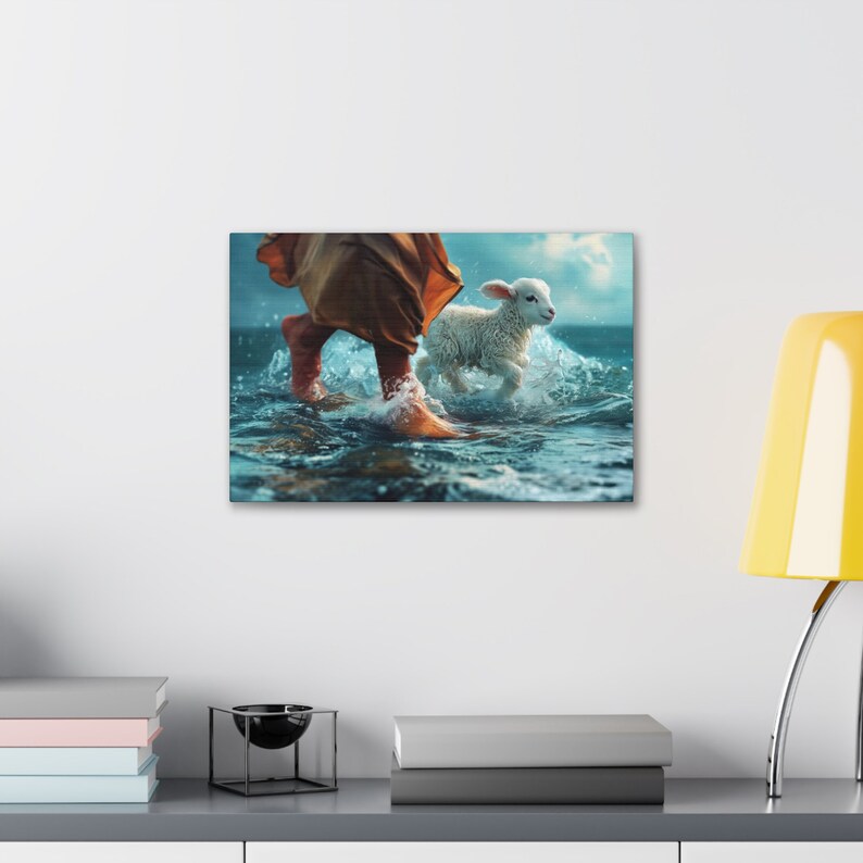 Jesus And His Lamb Walking On Water Christian Canvas Wall Art