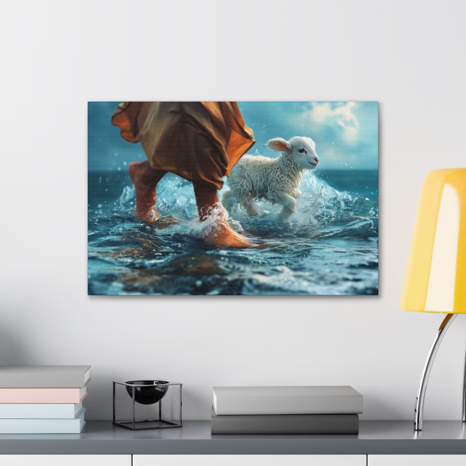Jesus And His Lamb Walking On Water Christian Canvas Wall Art