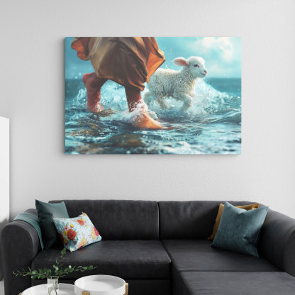 Jesus And His Lamb Walking On Water Christian Canvas Wall Art