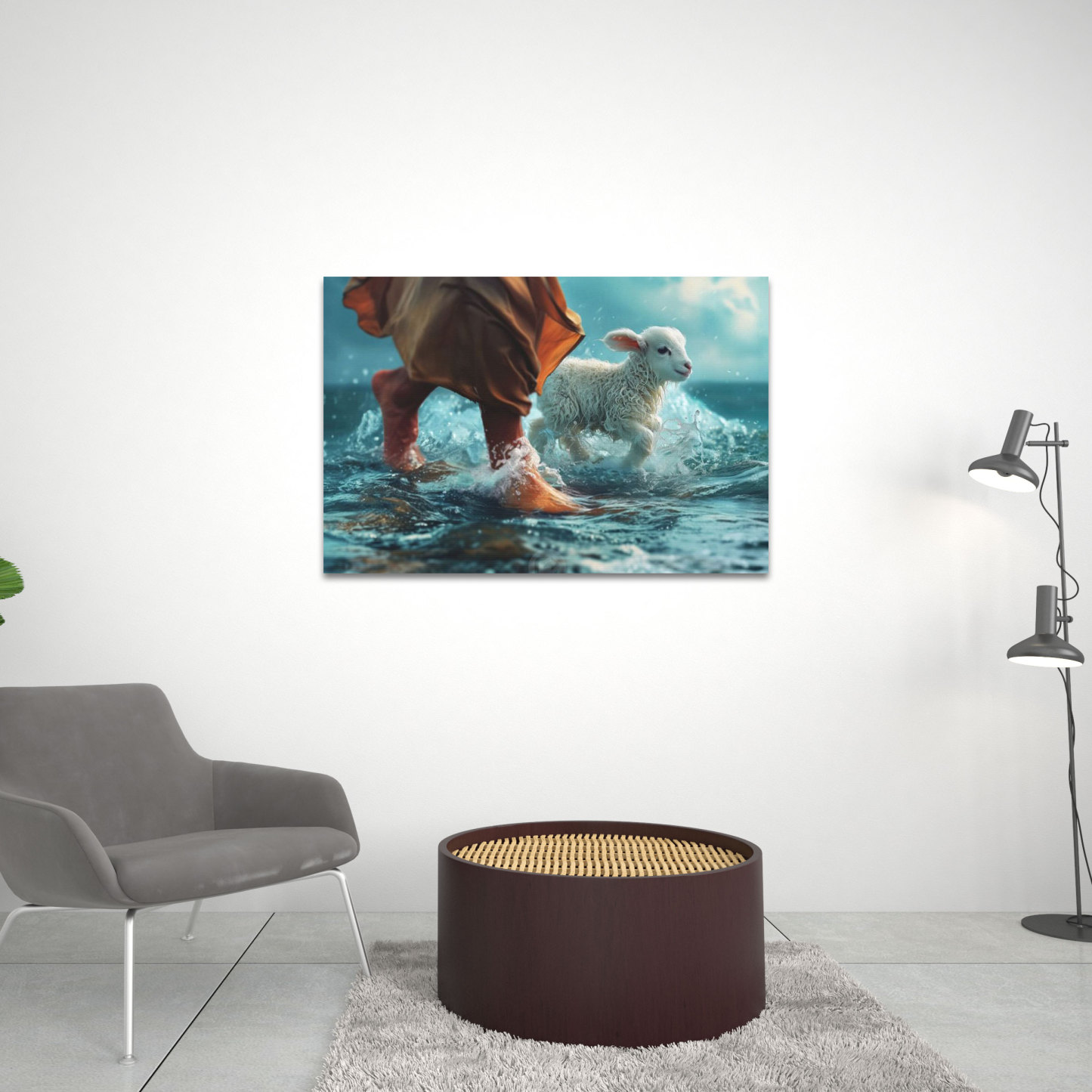 Jesus And His Lamb Walking On Water Christian Canvas Wall Art