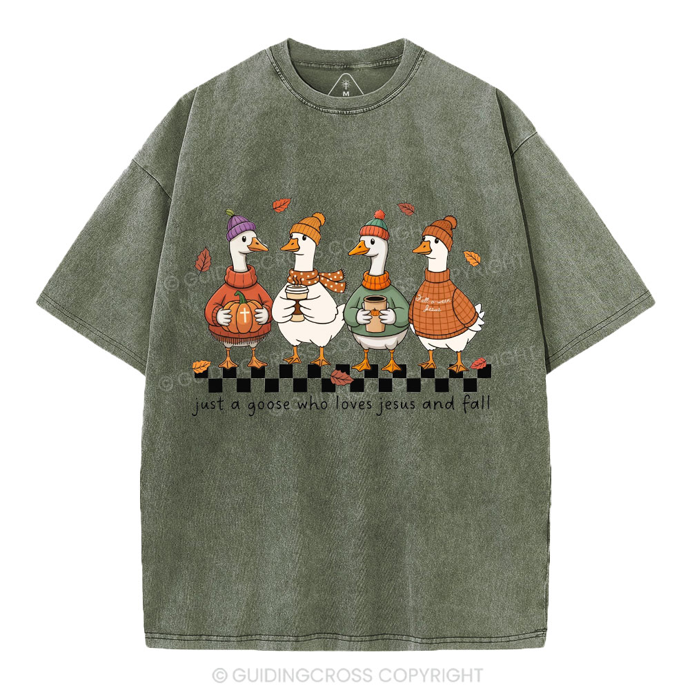 Just A Goose Who Loves Jesus And Fall Christian Washed T-Shirt