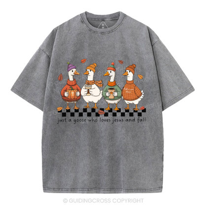 Just A Goose Who Loves Jesus And Fall Christian Washed T-Shirt