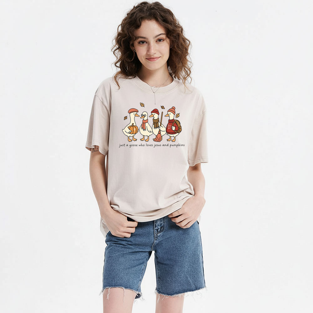 Just A Goose Who Loves Jesus And Pumpkins Christian Washed T-Shirt