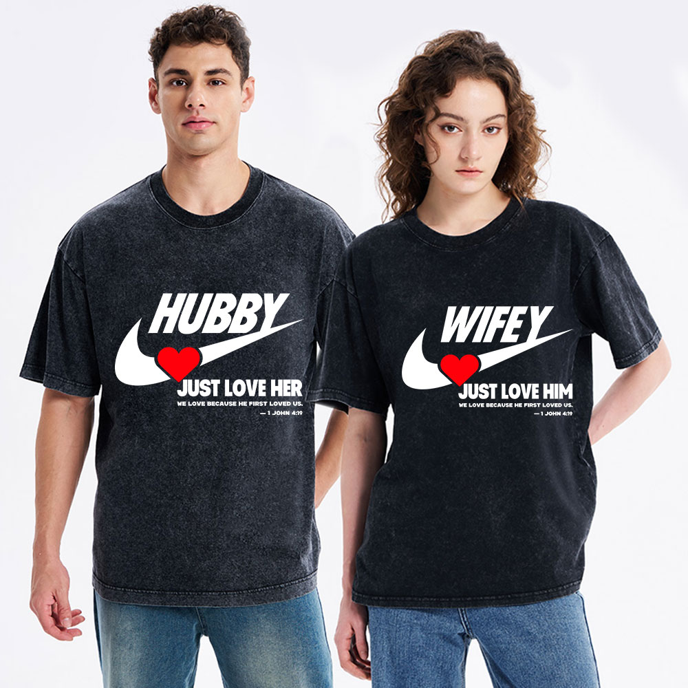 Just Love Him Her Christian Couple Washed T-Shirts