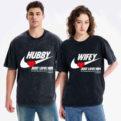 Just Love Him Her Christian Couple Washed T-Shirts