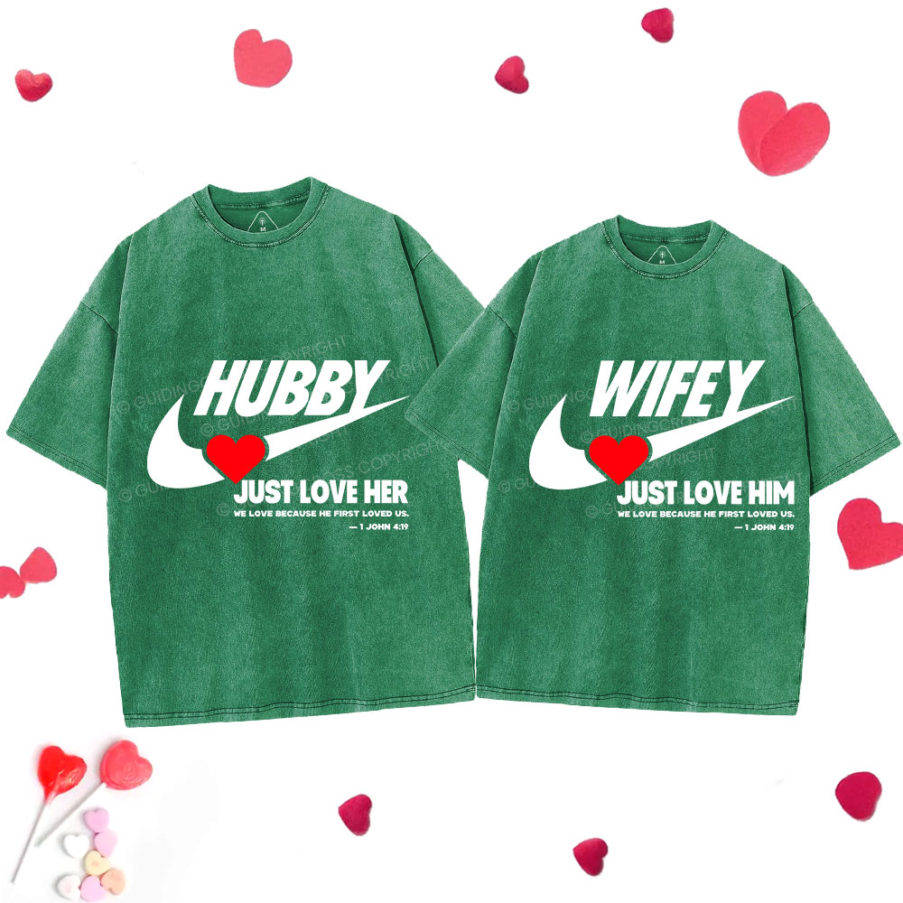 Just Love Him Her Christian Couple Washed T-Shirts