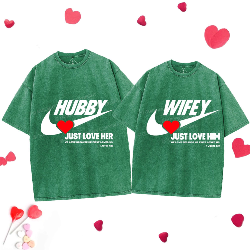 Just Love Him Her Christian Couple Washed T-Shirts