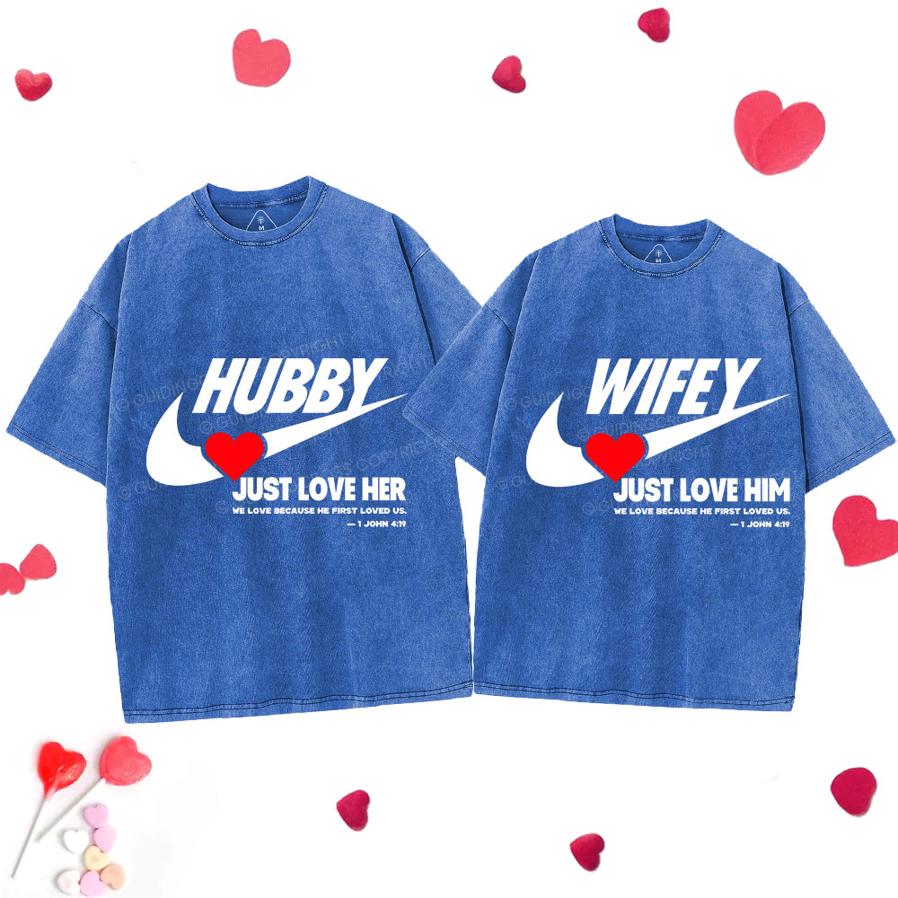 Just Love Him Her Christian Couple Washed T-Shirts