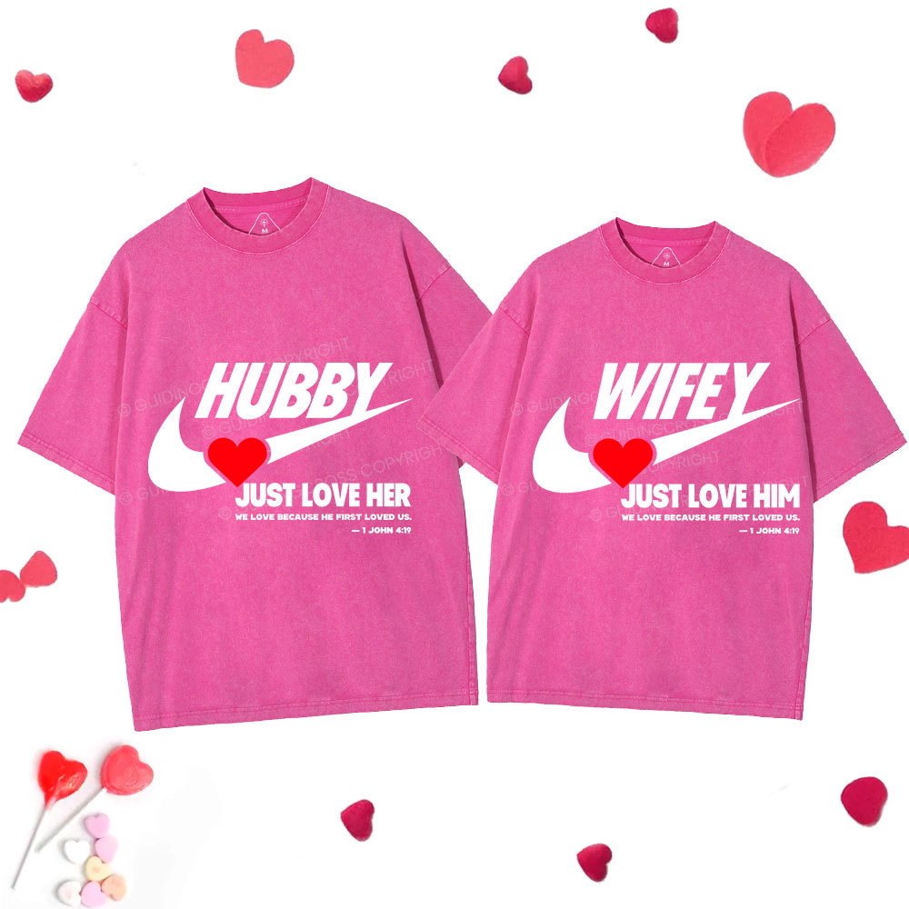 Just Love Him Her Christian Couple Washed T-Shirts