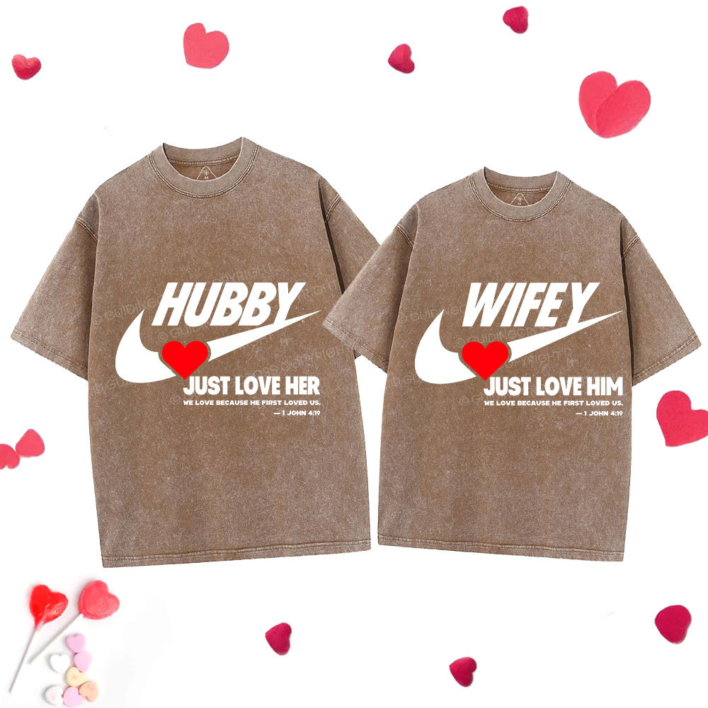 Just Love Him Her Christian Couple Washed T-Shirts