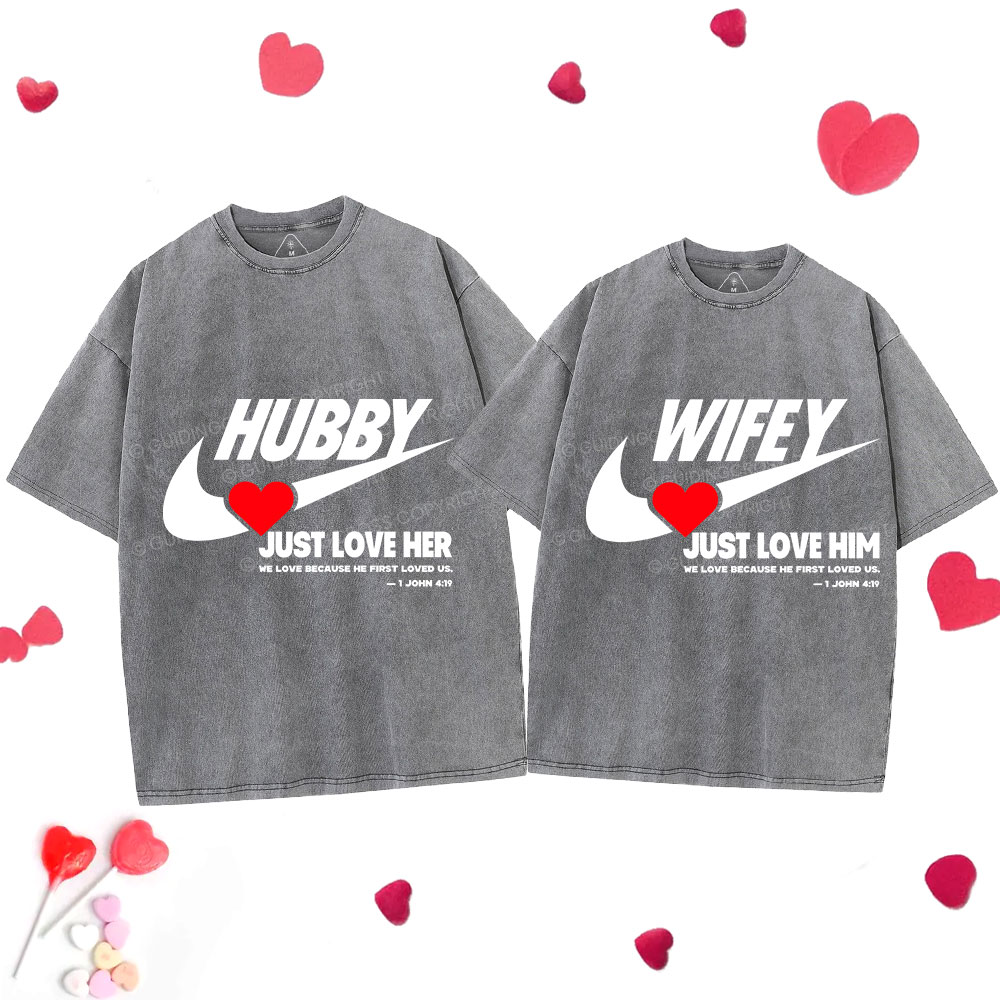 Just Love Him Her Christian Couple Washed T-Shirts