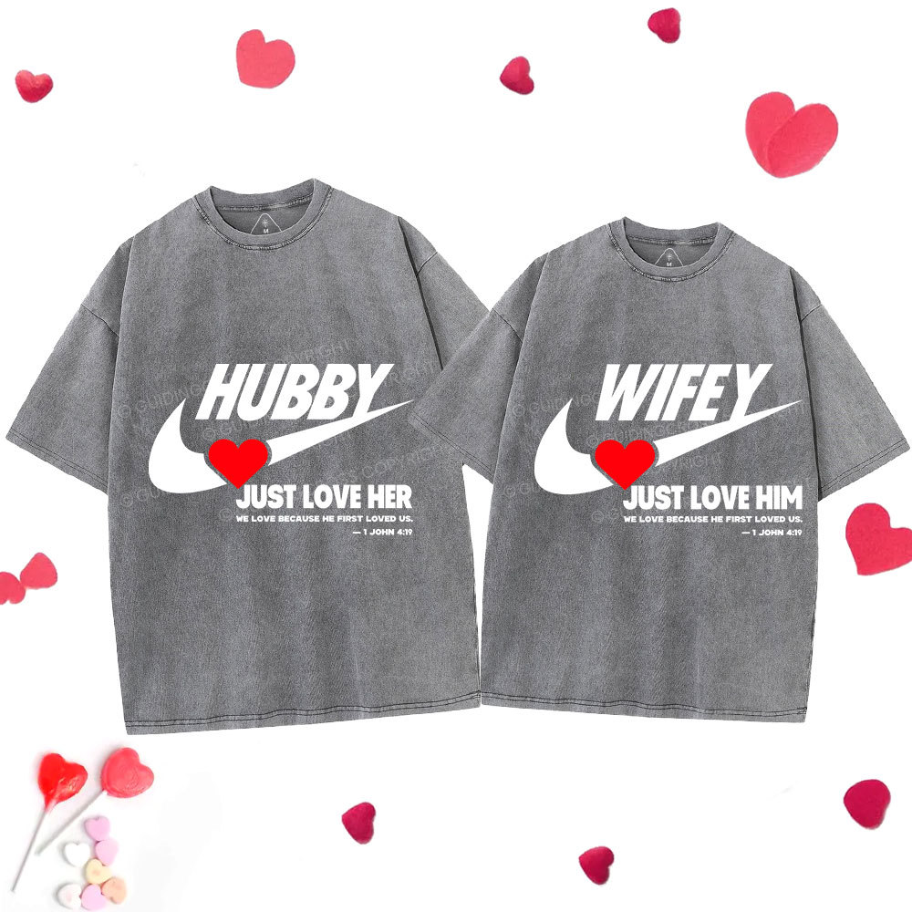 Just Love Him Her Christian Couple Washed T-Shirts
