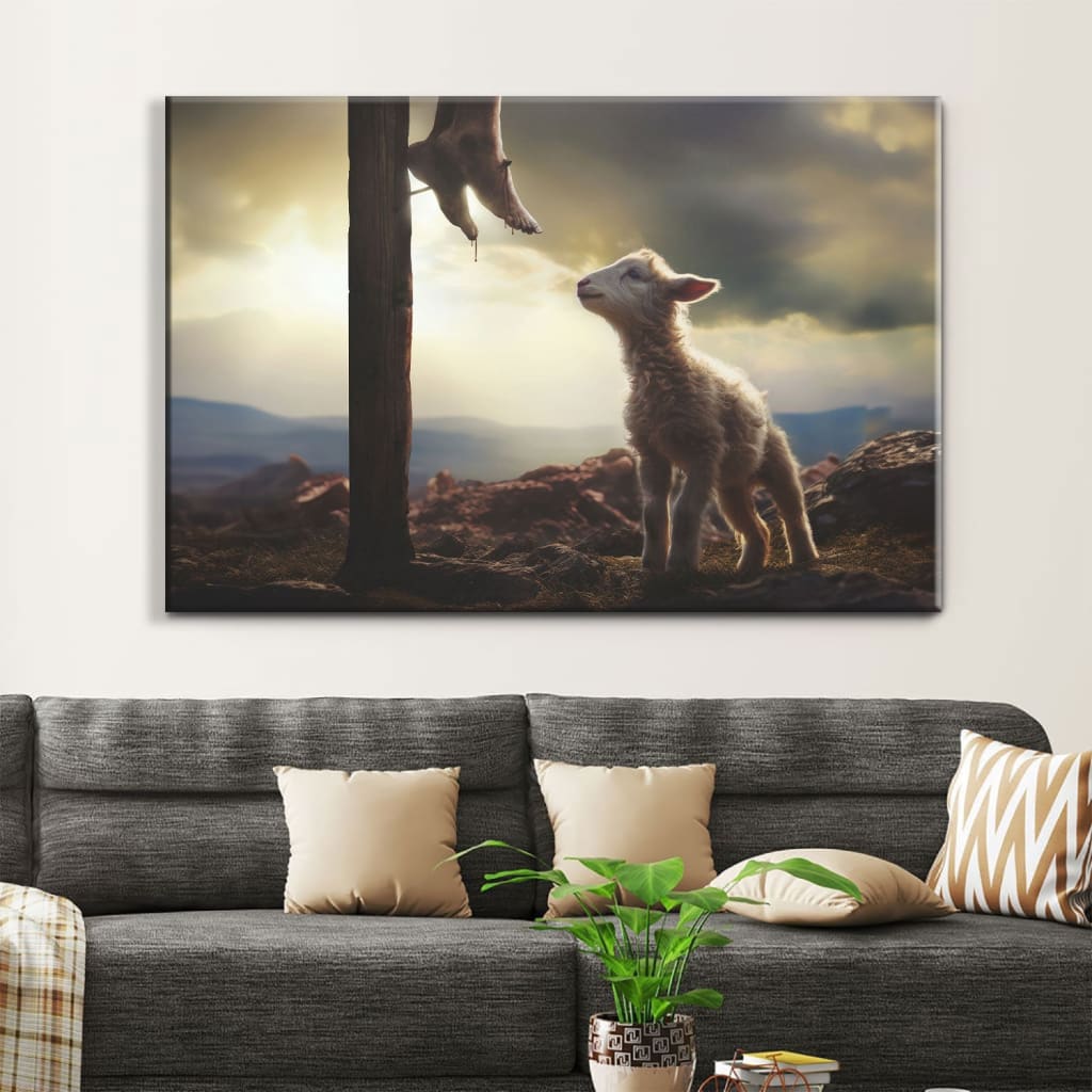 Lamb Looking Up At Feet Of Jesus Christian Canvas Wall Art