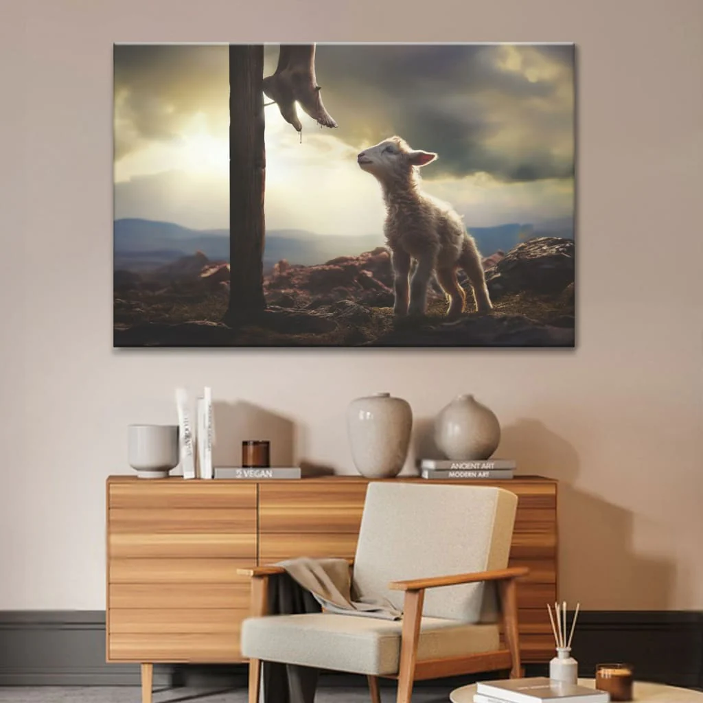 Lamb Looking Up At Feet Of Jesus Christian Canvas Wall Art