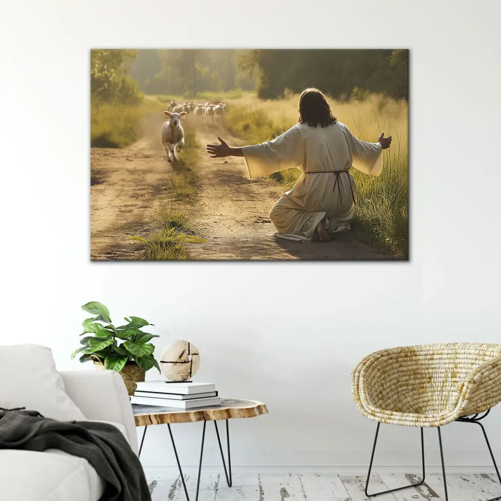 Lamb Runs to Jesus Christian Canvas Wall Art