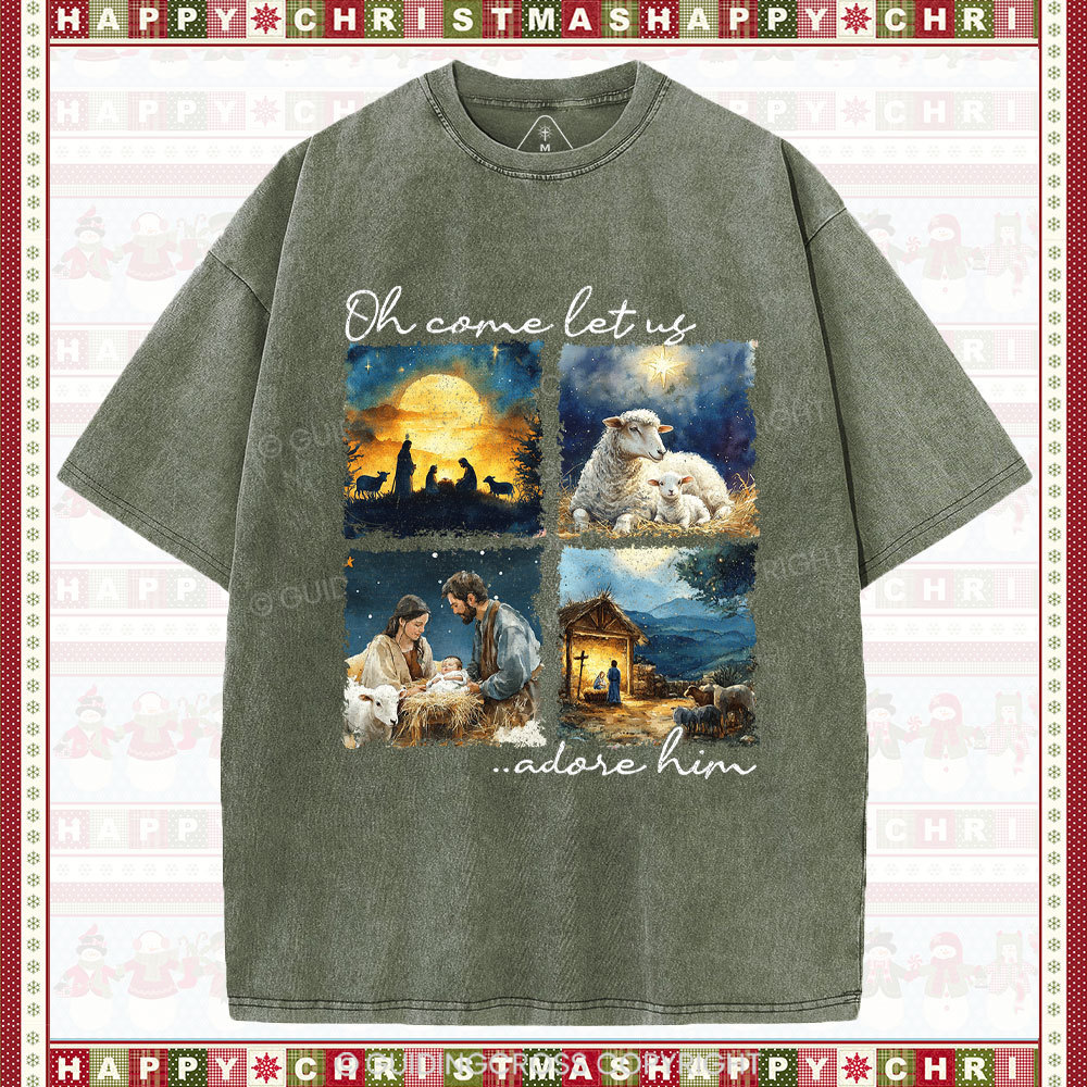 Let Us Adore Him Nativity Christian Christmas Washed T-Shirt