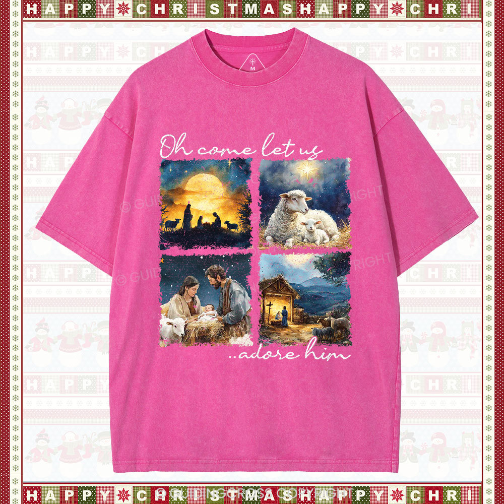 Let Us Adore Him Nativity Christian Christmas Washed T-Shirt