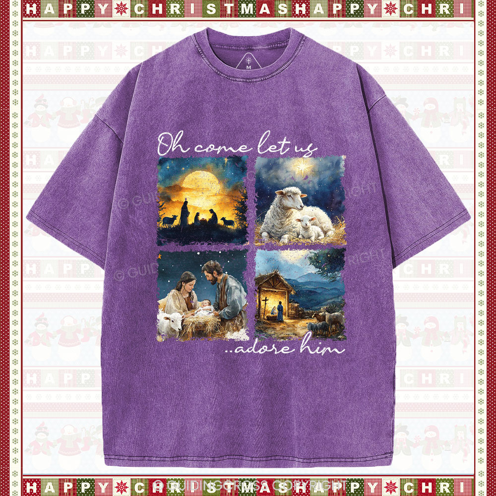 Let Us Adore Him Nativity Christian Christmas Washed T-Shirt