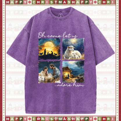 Let Us Adore Him Nativity Christian Christmas Washed T-Shirt