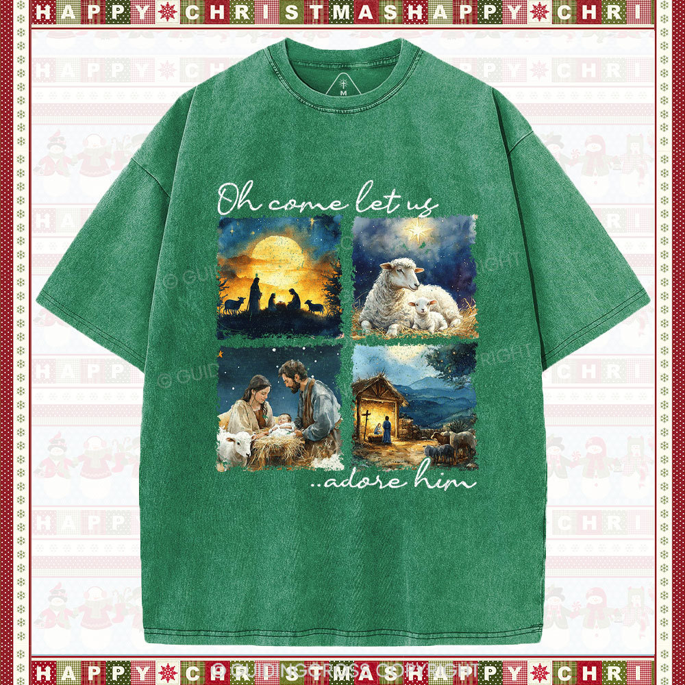 Let Us Adore Him Nativity Christian Christmas Washed T-Shirt