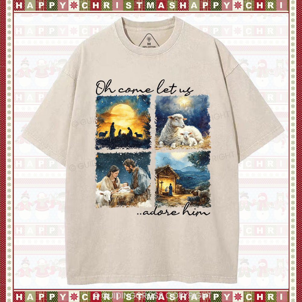 Let Us Adore Him Nativity Christian Christmas Washed T-Shirt
