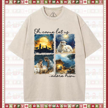 Let Us Adore Him Nativity Christian Christmas Washed T-Shirt