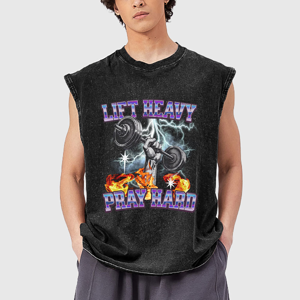 Lift Heavy Pray Hard Christian Washed Tank Top