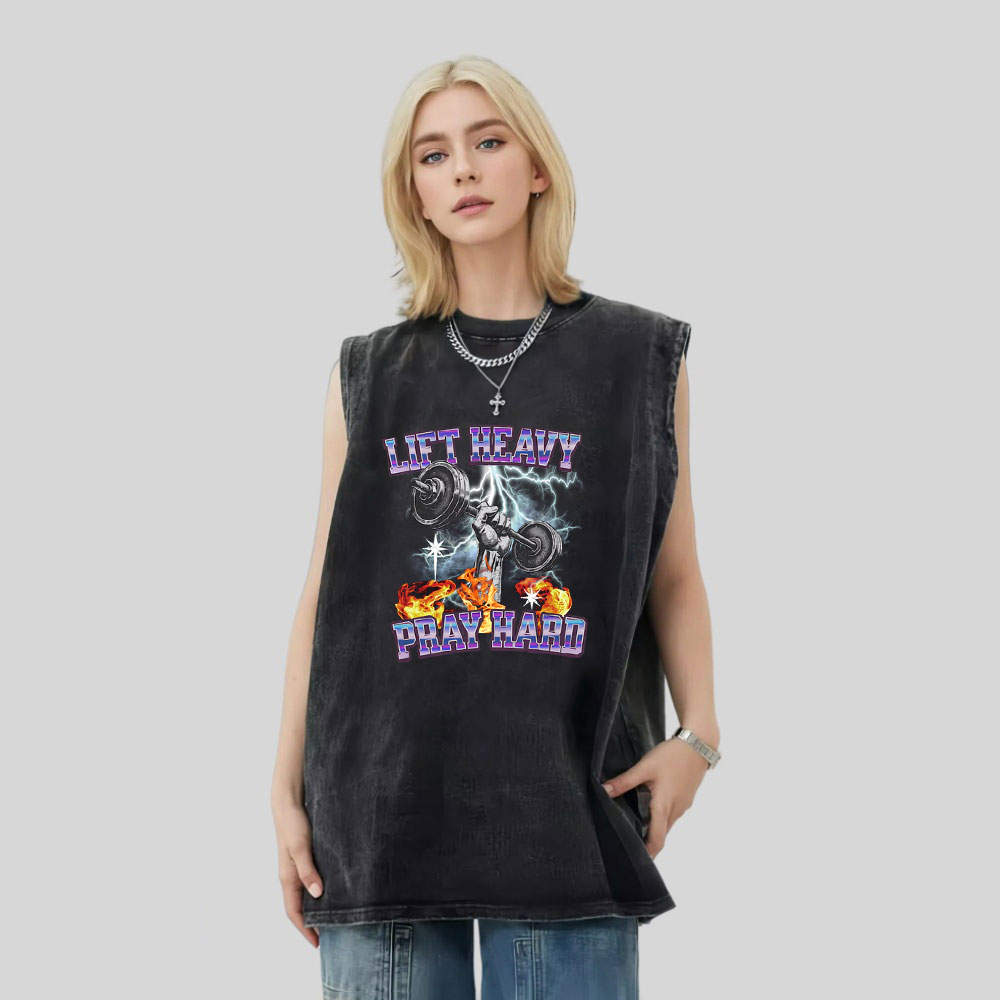 Lift Heavy Pray Hard Christian Washed Tank Top