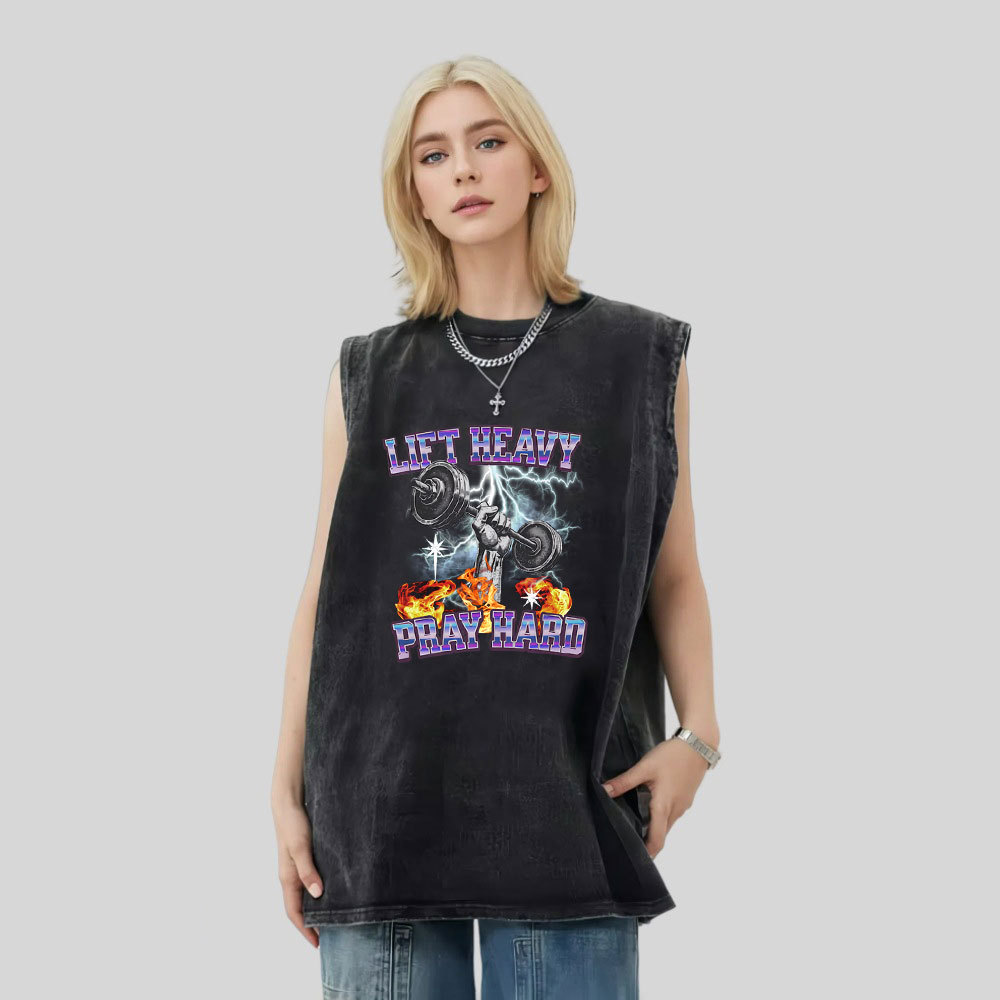 Lift Heavy Pray Hard Christian Washed Tank Top